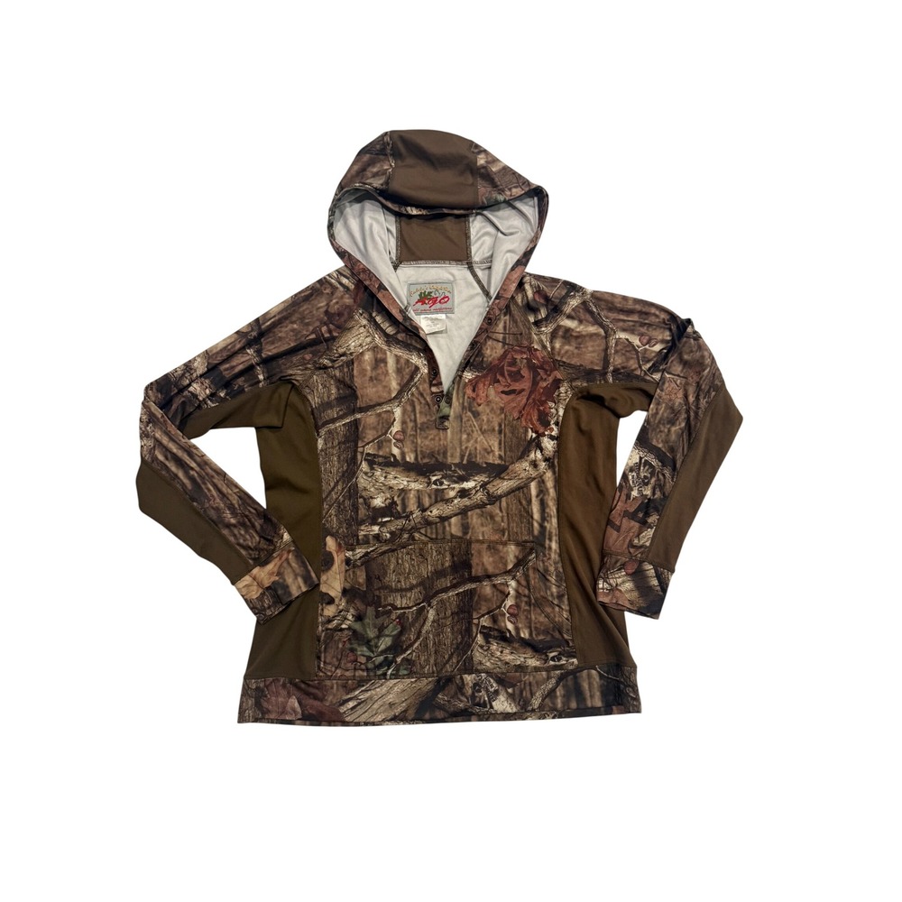 Cabela's AGO Camo Hoodie Womens 2XL Brown Camouflage Snap Neck Thumbholes